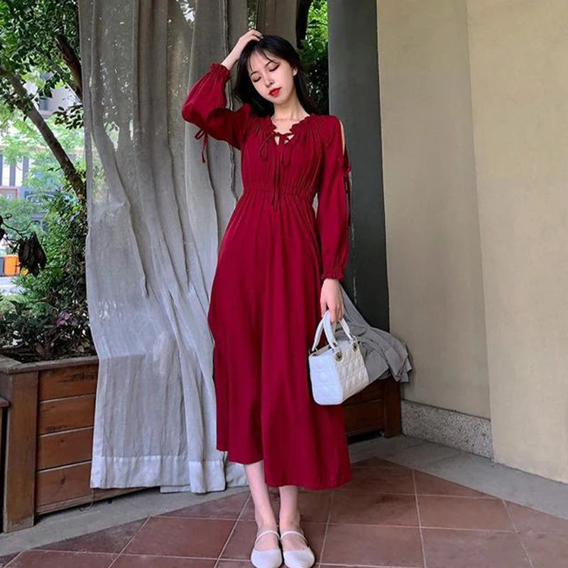 Long Sleeve Front Lace-up Cut-out Women Autumn Casual Chic A-line Long Dress New Year's And Christmas Red Dress