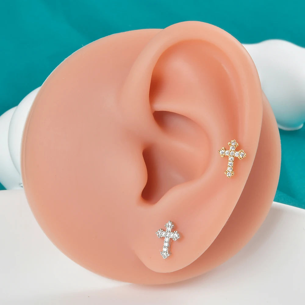 2PCS Cross Stud Earrings for Women Girls Men Labret Crystal CZ Helix Tragus Cartilage Ear Studs Punk 20G Piercing Jewelry