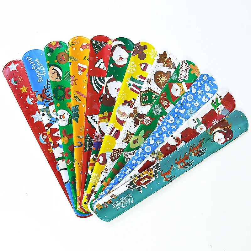 12Pcs Christmas Slap Bracelets Santa Claus Snowman Xmas Tree PVC Wristband Kids New Year Party Gifts For Guests 2025 Navidad