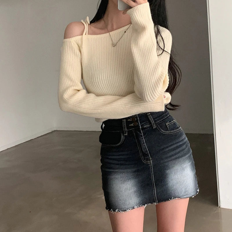 Fall Niche Temperament Irregular Slant Neck Off Shoulder Tie Bowknot Pullover Korean-Chic Long Sleeve Knitted Sweater