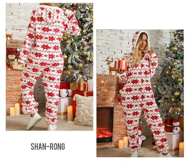 Europe and The United States Autumn and Winter New Loose Long-sleeved Trousers Christmas Printing Plush Hooded Jumpsuits Women