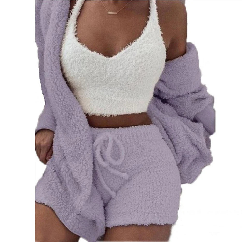 Women Plush Pijamas 3 Pcs Sets Casual Sleepwear Lingerie Tank Top Shorts Homsuit Winter Ladies Fashion Underwear