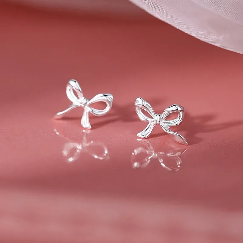 1Pair Silver Sweet Cute Bow Stud Earrings for Women Silver Color Simple Minimalist Ear Piercing Jewelry Gift