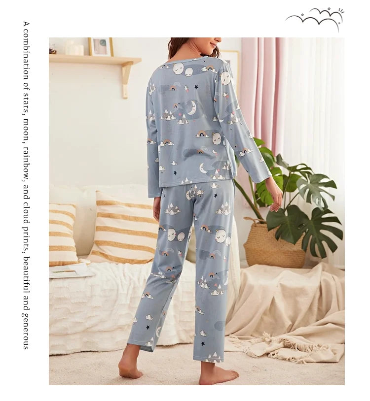 Autumn women's printed pure cotton sleepwear set with round neck long sleeved pants casual  comfortable two piece home suit set