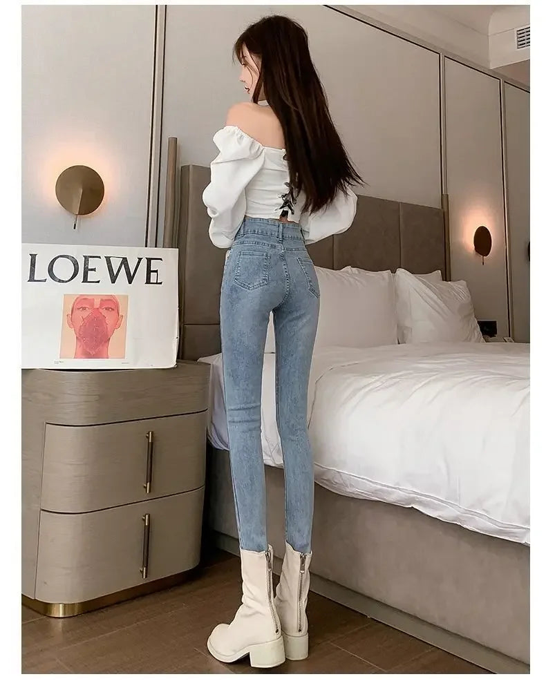 High-Waisted Slimming Stretchy Korean-Style Tight Jeans Women's Fleece-Lined Casual Trousers Warm Long Pants