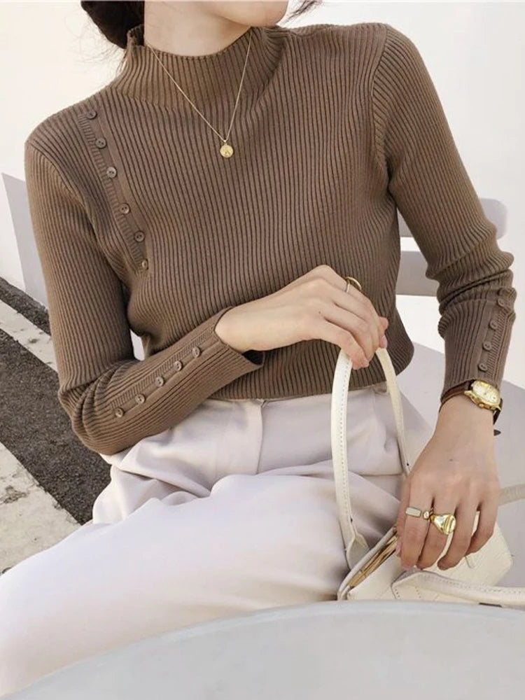 Women Knitted Sweater Long Sleeve Button Turtleneck Slim Pullovers for Autumn Winter Female Sweaters Soft Warm Bottoming Tops