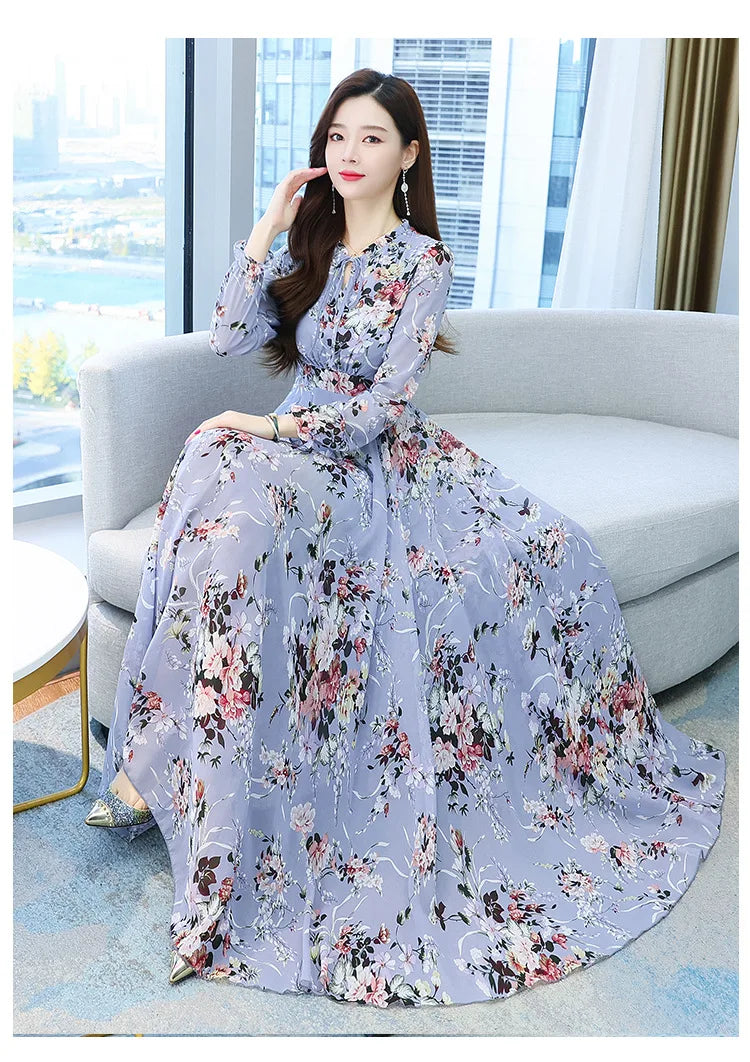 Spicy Mom Dress Chiffon Moms Korean Edition New Autumn and Winter Fragmented Flower Long Style New Long sleeved Medium Long UAFP