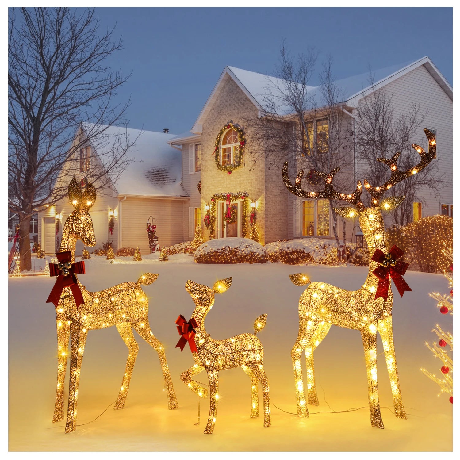 3-Piece Large Lighted Christmas Deer Family Set Pre-lit for Indoor Outdoor Front Yard Porch Holiday Decoration