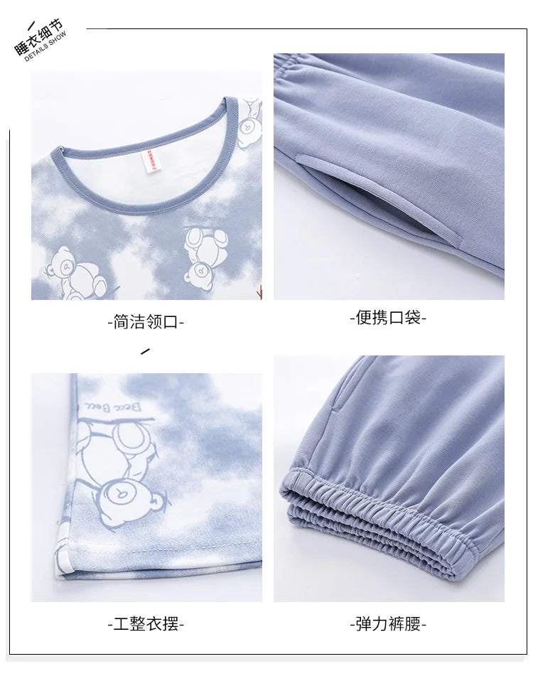 Big Size M-4XL Couple Pajamas Set Cute Cartoon Knited Cotton Sleepwear Women and Men Long Sleeve Pijamas Mujer