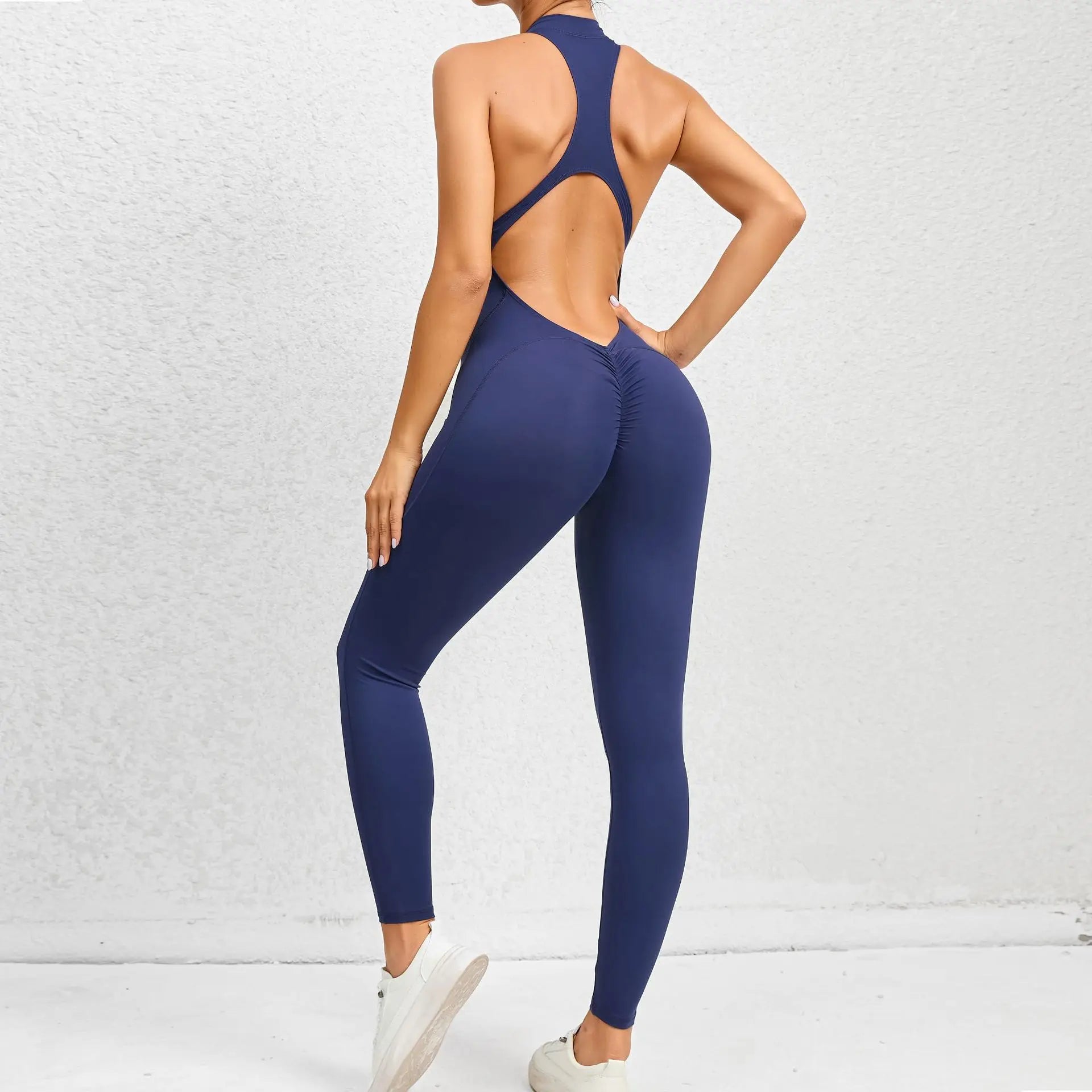 Sexy Hollow Backless Scrunch Sporty Jumpsuit Raises Butt Woman Gym Set One Piece Sport Suit Sleeveless Zip Yoga Fitness Overalls