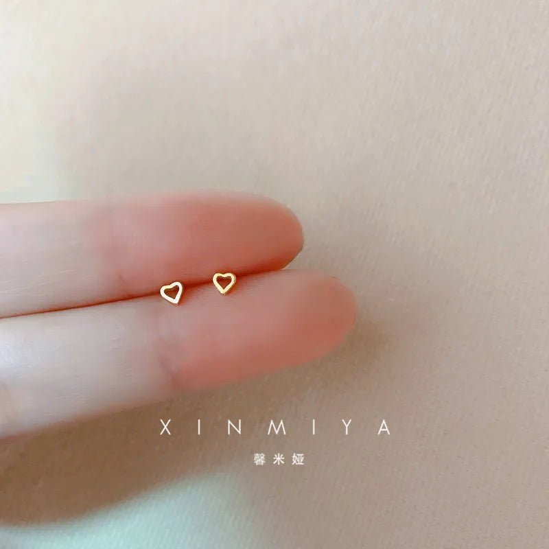 Tiny Minimalist Silver Plated Korean Mini Small Heart Stars Stud Earrings for Women Student Teen Simple Ear Piercing Jewelry