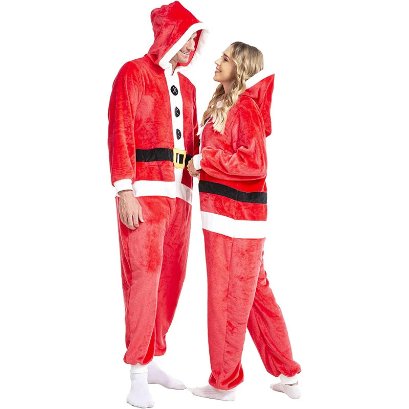 Women s Christmas Costume Mrs Claus Velvet Long Sleeve Hooded Belt Printed Zipper Full-Length Jumpsuit with Faux Fur Trim