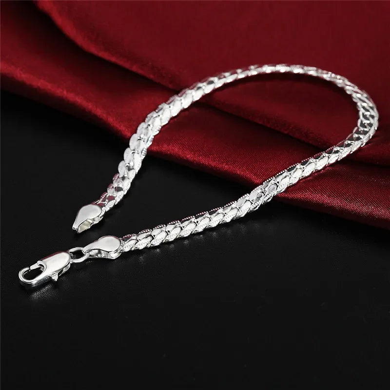 925 Sterling Silver Bracelet 6mm 18/20cm Flat Side Chain Lobster Clasp Bracelet for Woman Man Wedding Engagement Jewelry