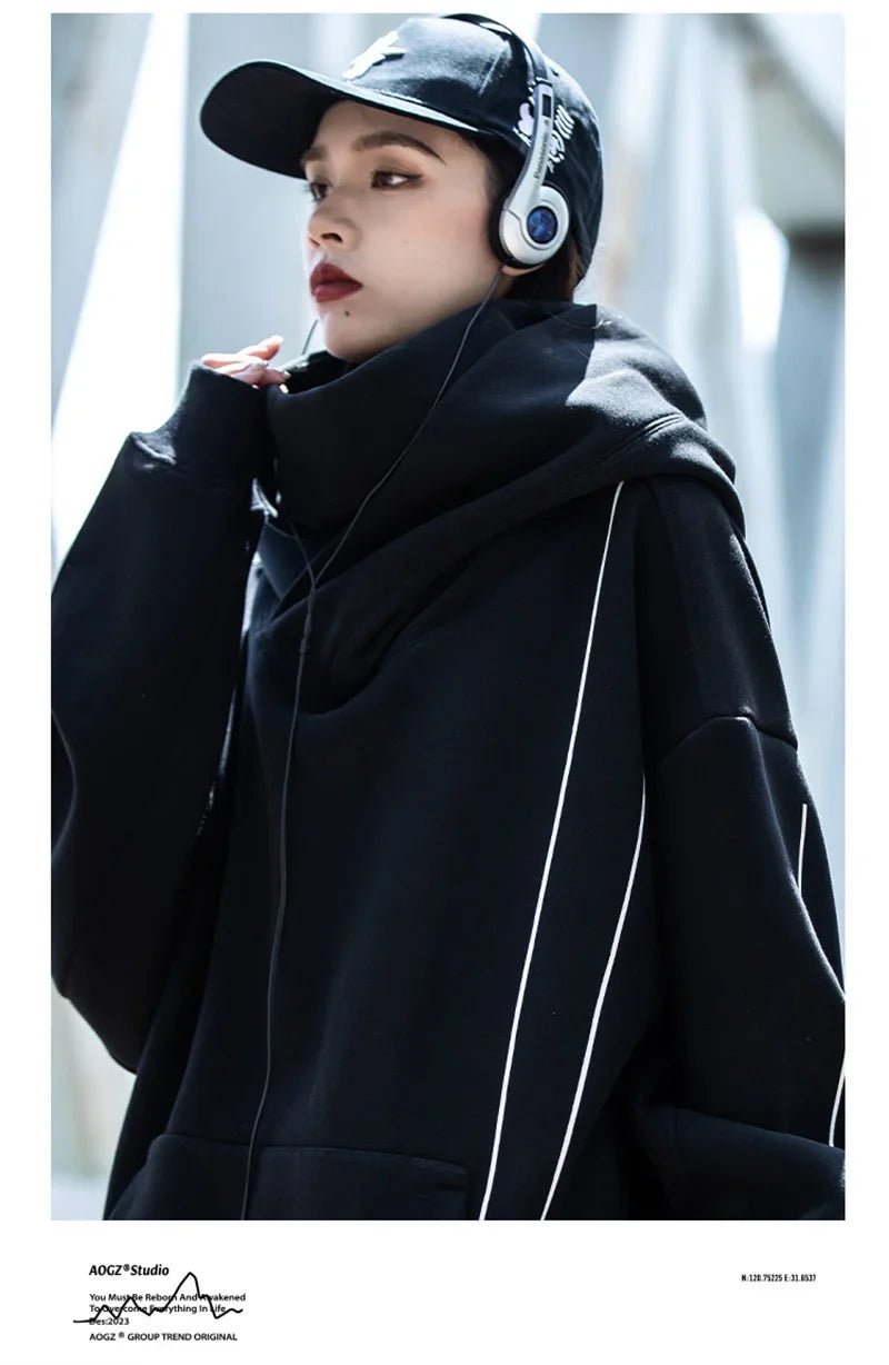 Autumn Windbreaker Turtleneck Hooded Sweatshirts For Men New Ninja Oversized Hoodies Women Line Print Y2K Streetwear Hoodie