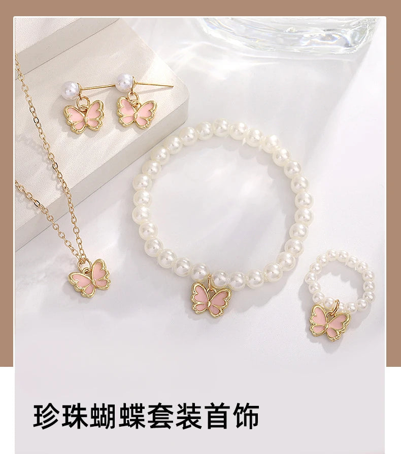 4pcs/Set Fashion Sweet Jewelry Set Butterfly Pendant Imitation Pearl Necklace Bracelet Earring Set for Girl Jewelry Accessories