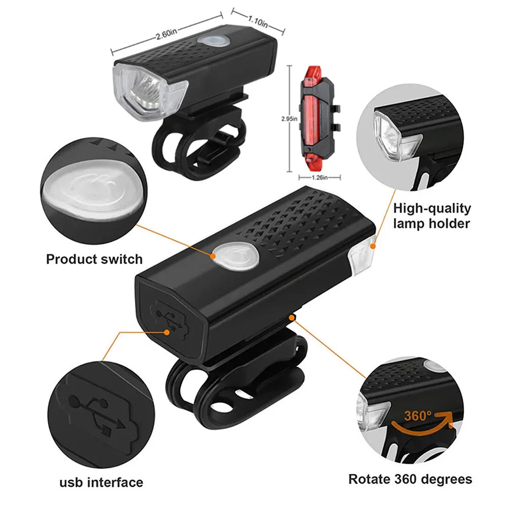 2218 Bike Light Set USB Rechargeable Front Light with Taillight Easy to Install 3 Modes Bicycle Accessories for the Bicycle