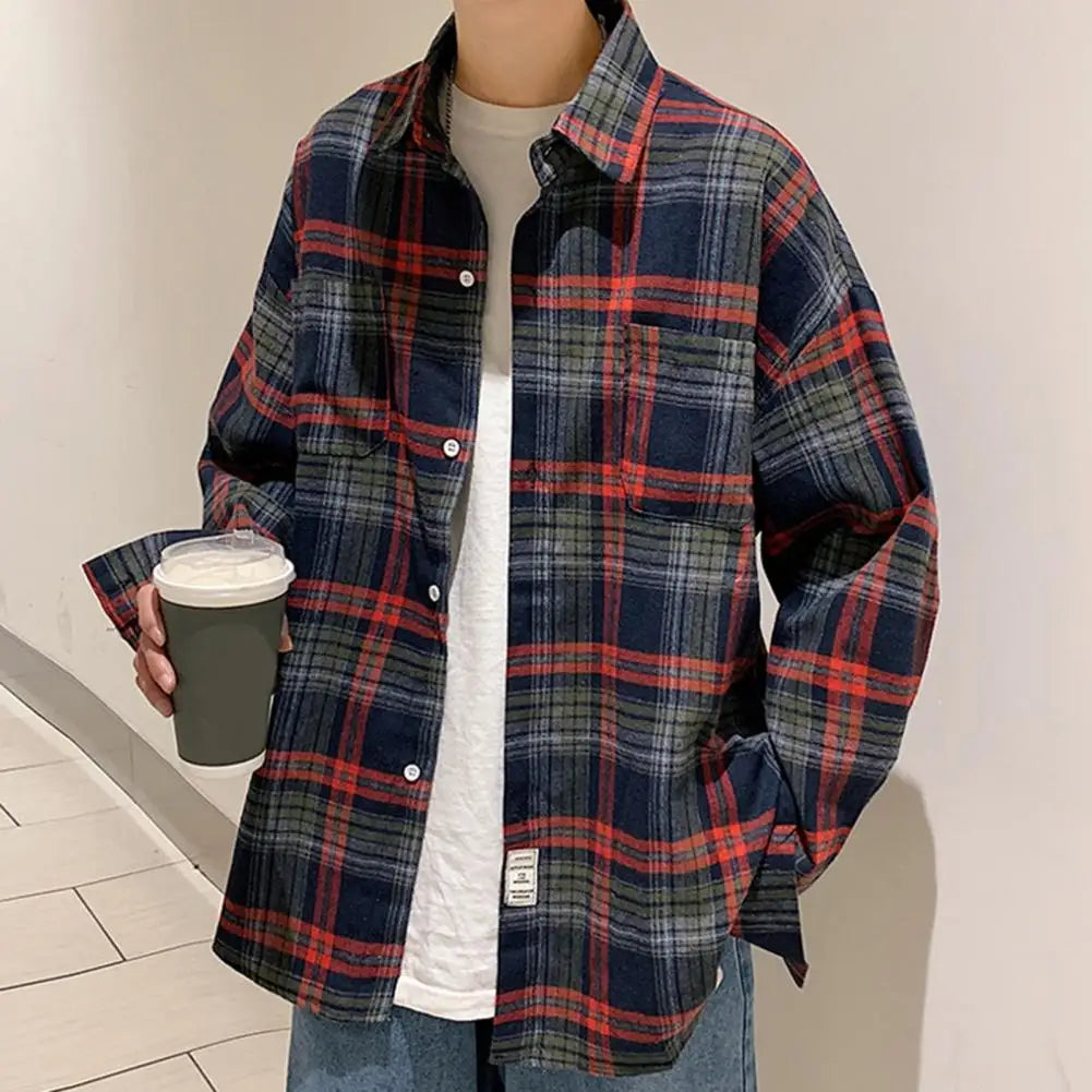 Men Plaid Shirt Check Shirts Men Plaid Long Sleeve Oversized Shirts Streetwear Cardigan Chest Pocket Loose Shirt Loose Plaid Top