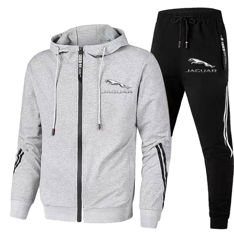 2-piece restricted jacket Jaguar logo printed men's car sports hoodie+pullover gym jogging suit sweater and pants suit 2024