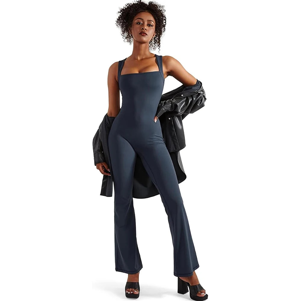 Women's Sleeveless Bodysuit Flared Pants  Square Neck Full Seasons Casual Fitness Playsuit Sleeveless  Streewear Jumpsuits  Lady