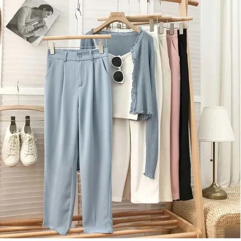 Fashion Elastic High Waist Suit Pants Women Spring Casual Loose Straight Black Trouser Office Ladies Nine Points Streetwear