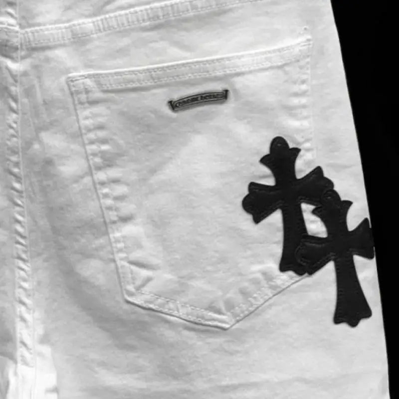 Summer Cotton Elastic Shorts Men's American Style Street Fashion Brand Embroidered White Denim Shorts For Men And Women