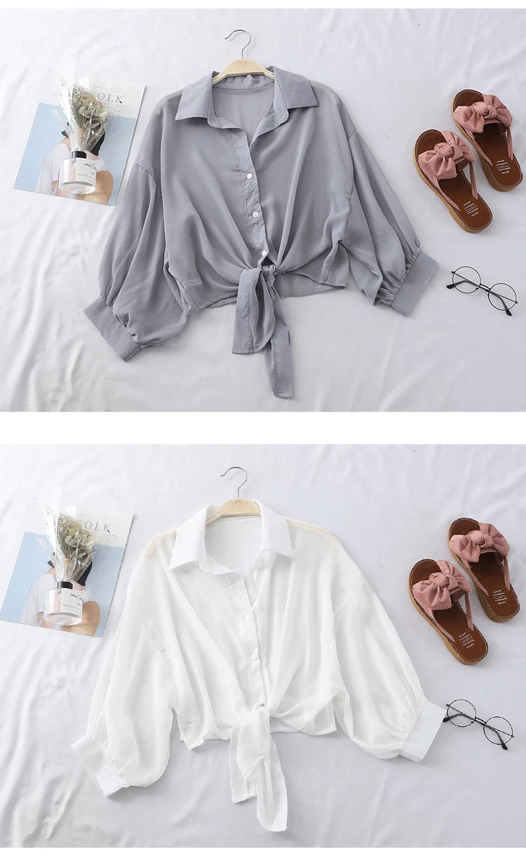 Elegant Solid Color Tied Waist Blouse Casual Loose Hollow Solid Clothes Women Summer Bat Half Sleeve Button Chiffon Shirt 9776