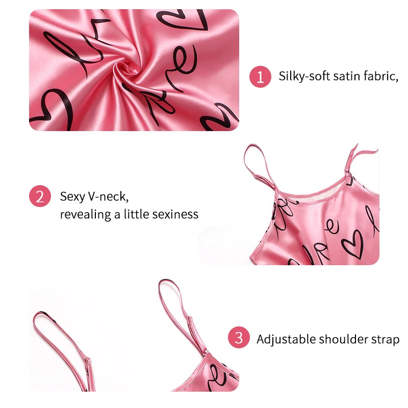 2 PCS Sexy Women Satin Pajamas Lingerie Sleepwear V Neck Sleeveless Suspenders and Pants Girl Pajamas Set Home Wear Loungewear