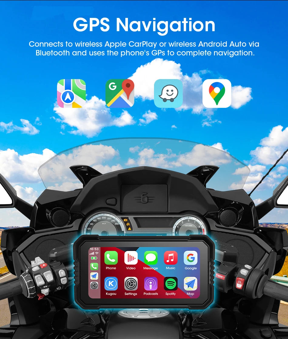 Srnubi 6.25 inch Portable Motorcycle DVR Wireless Carplay Android Auto Remote Control IP67 Waterproof 5.0 BT GPS Navigation