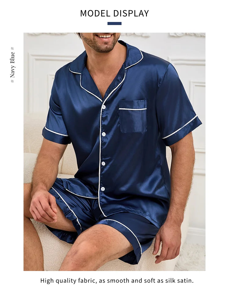 Men Satin Short Sleeve Pajama Set Summer Sleepwear for Man Button-Down Shirt & Elastic Waist Shorts Pajamas Home Clothes 2 Piece