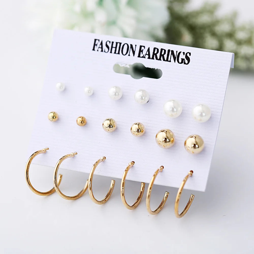 European and American cross-border new minimalist earrings wholesale creative minimalist retro pearl circle earring set 9 pairs