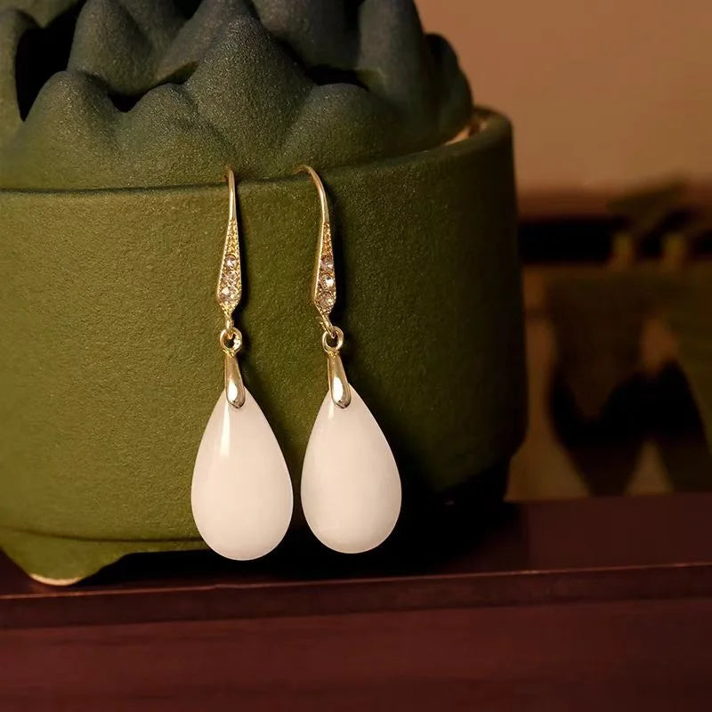 Fashion Simple White Jade Drop Earrings Temperament Long Simple Style Chinese Style Ear Jewelry Wholesale