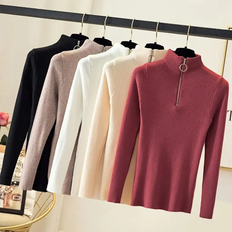 Knitted Women Zipper Half High Neck Sweater Pullovers Autumn Winter Basic Women Sweaters Slim Solid Knitwear Pull Femme Tops