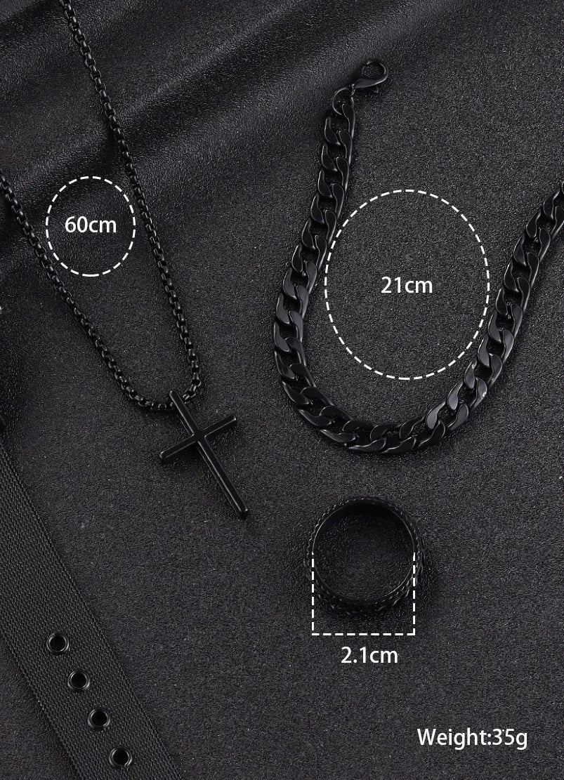 Punk Cross Pendant Necklace Bracelet Chain Ring Men's Set Simple Personality Hip Hop Party Three Piece Jewelry Accessories