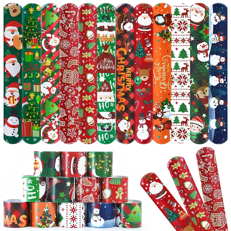 12Pcs Christmas Slap Bracelets Santa Claus Snowman Xmas Tree PVC Wristband Kids New Year Party Gifts For Guests 2025 Navidad