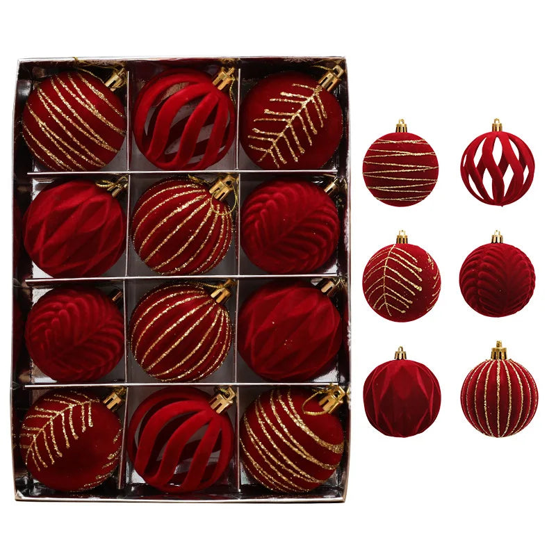 12pcs 6cm Wine Red Christmas Ball Ornaments Christmas Tree Party Decoration New Year Christmas Spheres Pendant Velvet Balls 2025