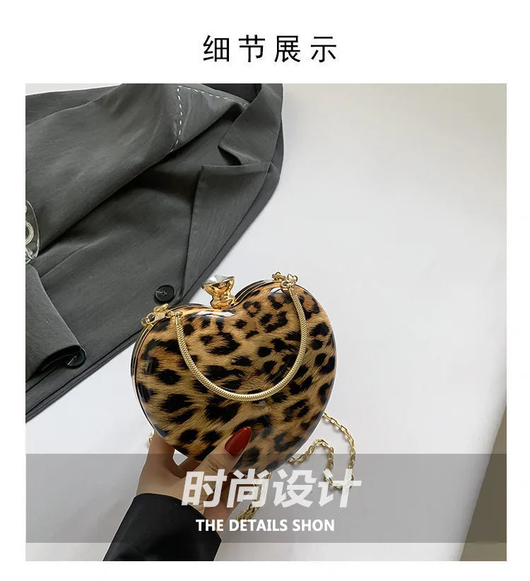 Ladies Famous Brand Evening Clutch Bag Heart Shape PU Patent Leather Leopard Print Luxury Phone Shoulder Handbag Women Wrist Bag