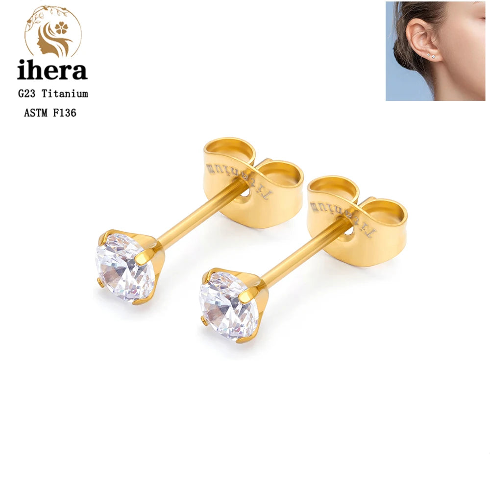 2Pcs G23 Titanium Round Crystal Zircon Ear Studs Earrings 4 Prong Tragus Cartilage Piercing Jewelry Unisex Women Men