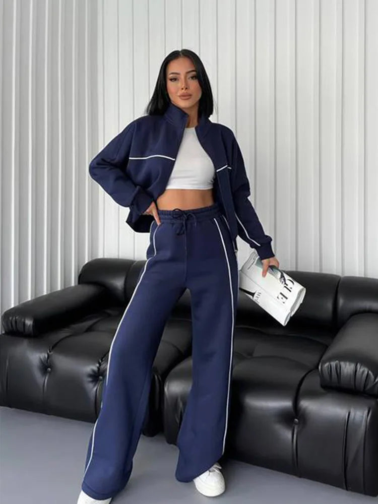 Casual Sports Suits Long Sleeved Half High Collar Cardigan Sweater Lace up Striped Pants Women Clothing Two Piece Set Tracksuit