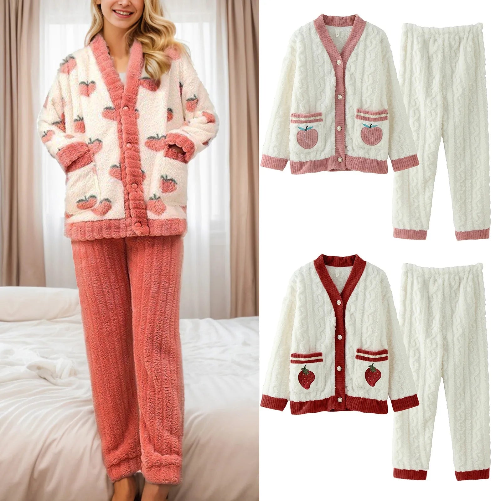 Women's Fleece Flannel Pajamas Set Cute Fruit Contrast Color Warm Plush Loungewear For Women Thickened Homewear Warm Nightwear