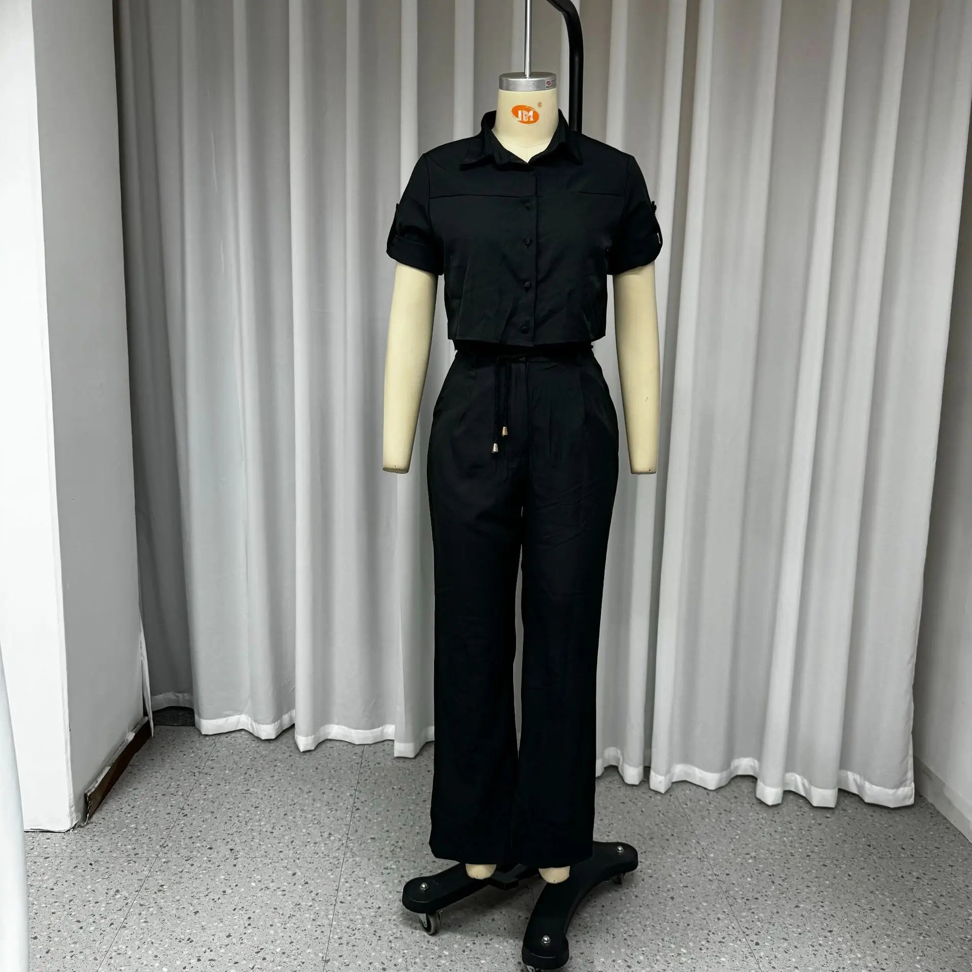 Women's Casual Solid Lapel Button Short Sleeve Top and High Waisted Wide Leg Pants Set, Office Outfits, Summer, New, 2 Pcs Set