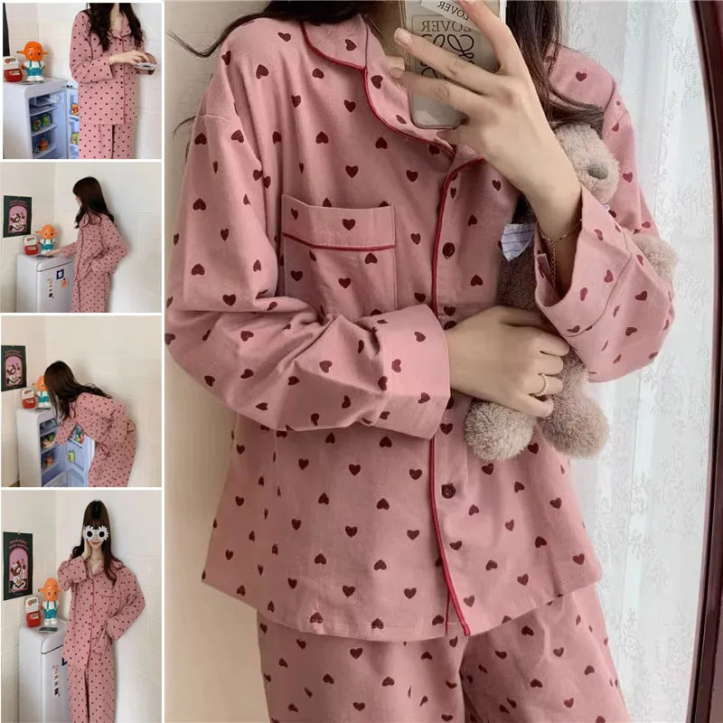 Large Size Sexy Nightwear Women Sleepwear Autumn and Winter Cardigan Home Wear Peach Heart Long Sleeves School Silk Pajamas