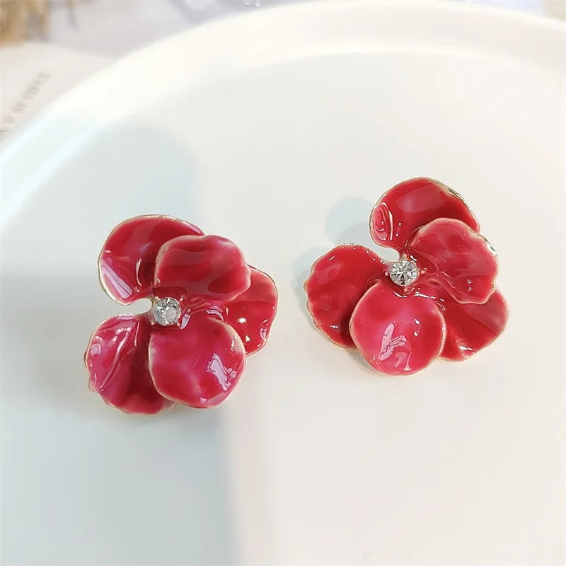 LATS Red Blue Enamel Flower Stud Earrings for Women Korean Fashion Five Petals Crystal Flowered Lovely Cute Girls Ear Decoration