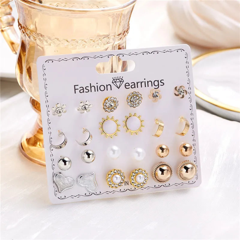 12 Pairs/Set Imitation Pearl Sun Star Flower Bow Heart Zircon Combination Paper Card Stud Earrings Set Fashion Geometric Earring