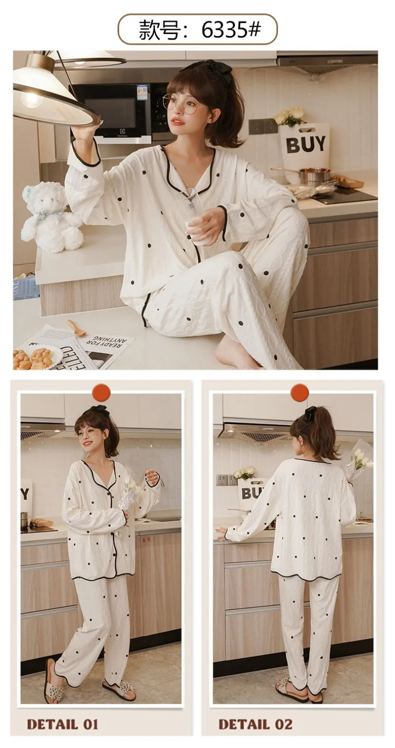 Women's Sweet Ruffle Pajamas Set Long Sleeve Top And Long Pants Sleepwear 2 Piece Set For Women Korean Casual Home Loose Pajamas