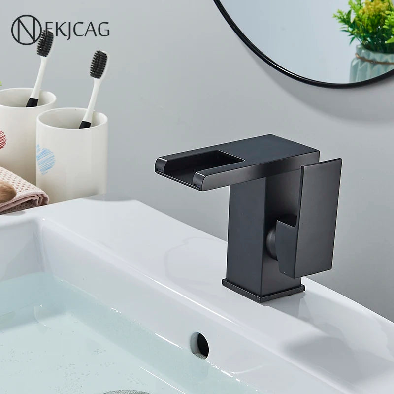 LED Bathroom Basin Faucet Waterfall Outlet Black Cold And Hot Mixer Deck Installation Crane Kitchen Sink Tap With Light