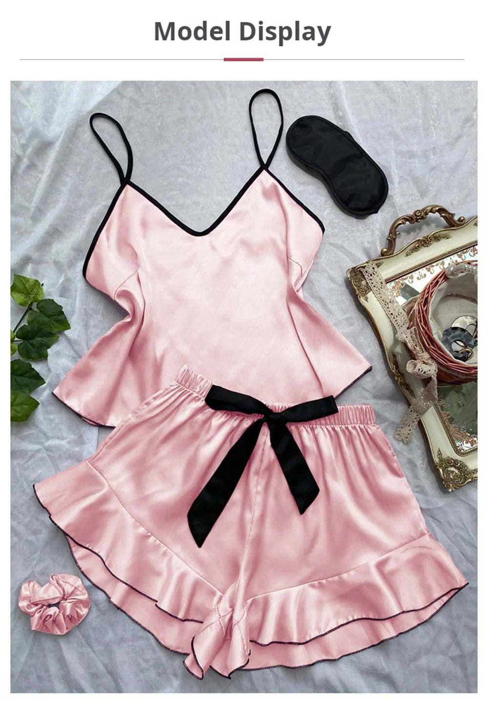 Women's Smooth Satin Pajamas V-Neck T-Shirt Ruffled Edges And Bow Shorts Simple And Breathable Pajama Set Sling Home Clothing