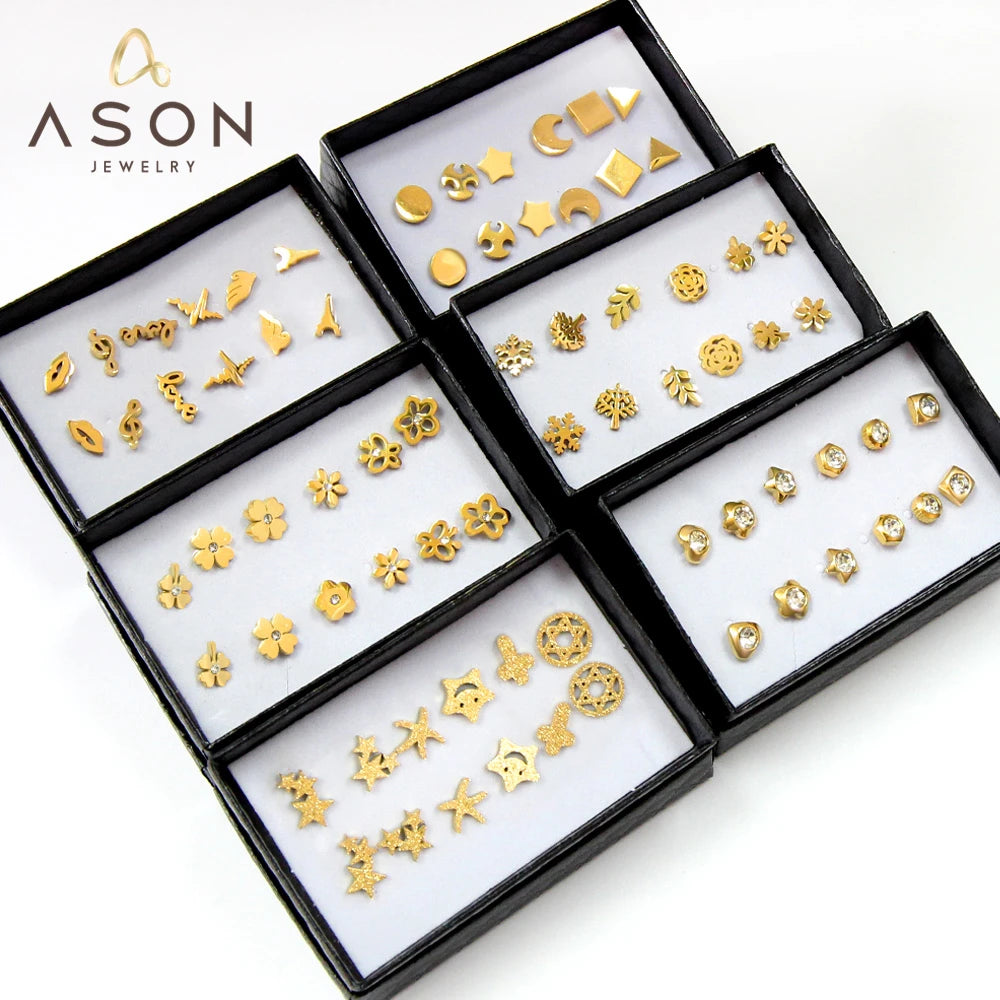 ASONSTEEL 6 Pairs/Box Vintage Stud Earrings Set for Women, Snowflake Piercing, Stainless Steel, Modern Gold Color, New Surgical