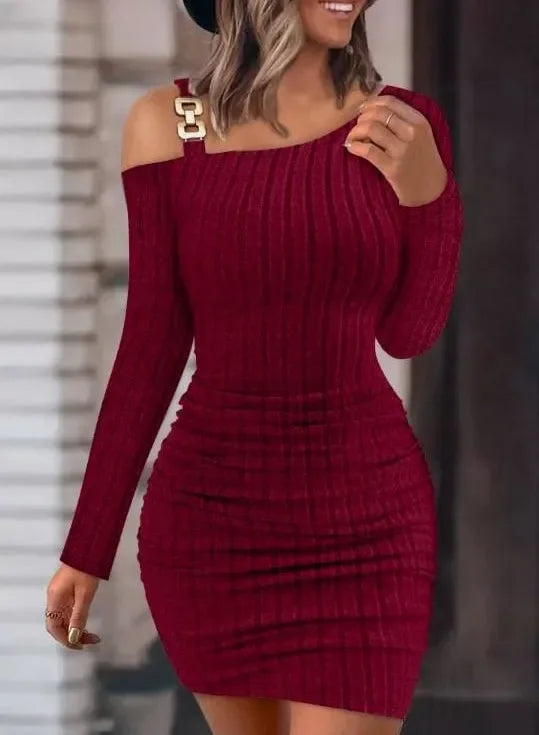 Autumn Winter New Women Dress Solid Button Oblique Off Shoulder Tight Wrap Hip Slim Sexy Long Sleeve Mini Dress Women Clothing