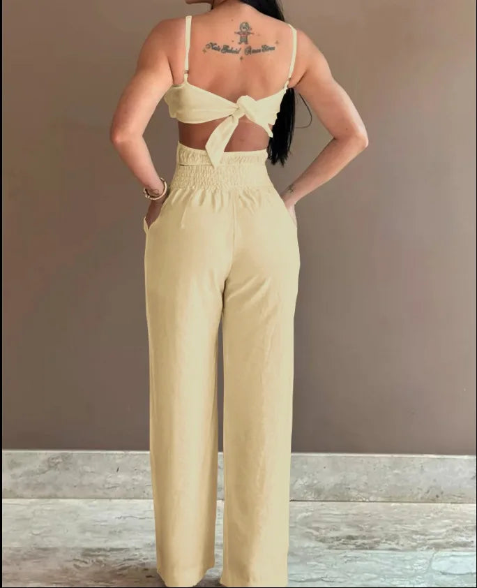 Women Spring Summer Onepiece Trousers Jumpsuits Solid Color Sleeveless Hollow Out Wide Leg Pants Casual Fashion Regular Backless