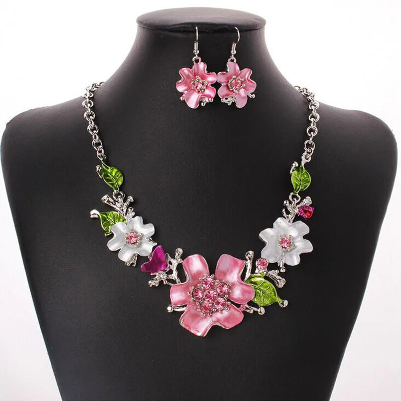 2Pcs/set Rhinestone Flower Necklace Earrings Set Luxury Morrocan Jewelry Set Accessories Valentine's Party Beach Jewelry Bijoux